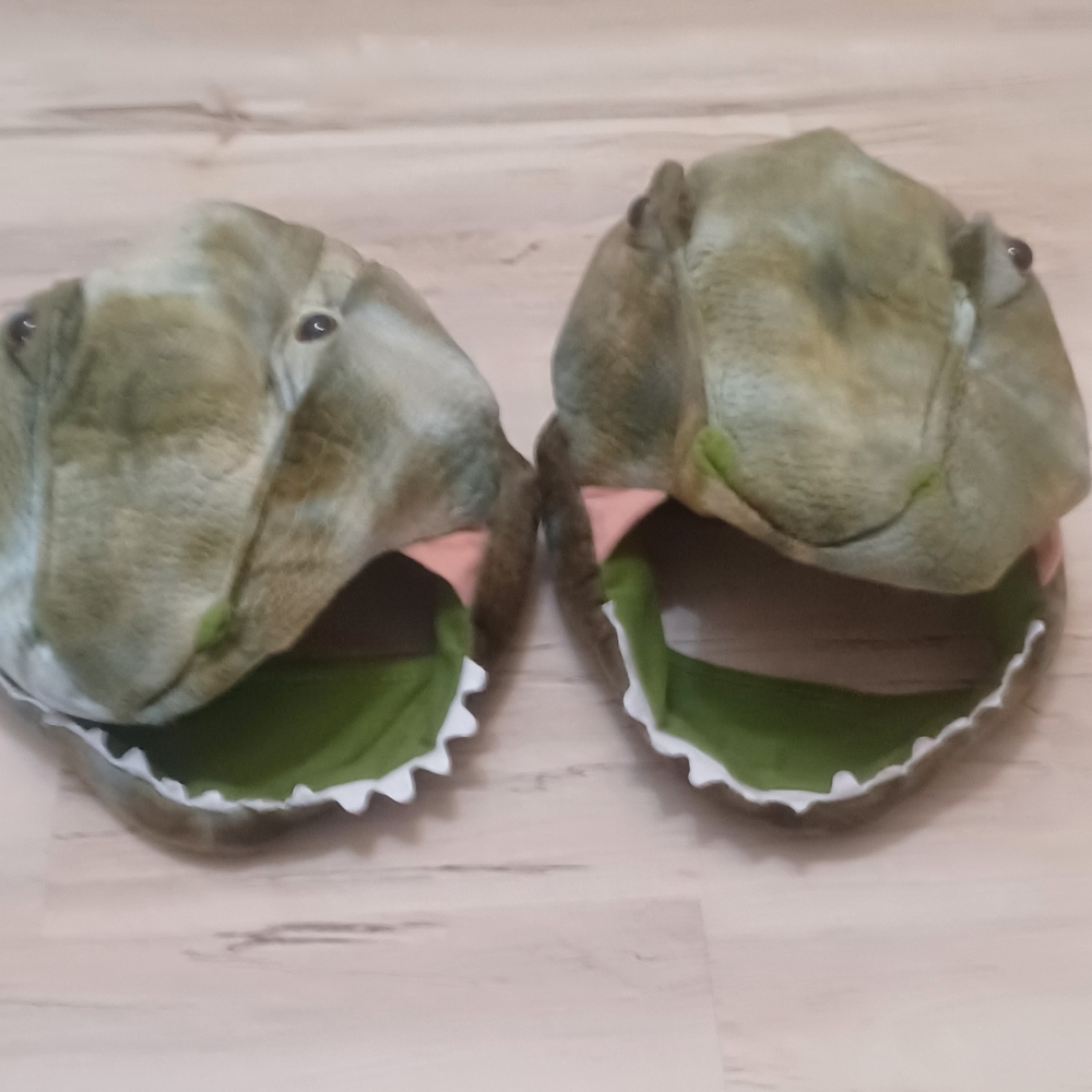 Two dinosaur green TRex masks.